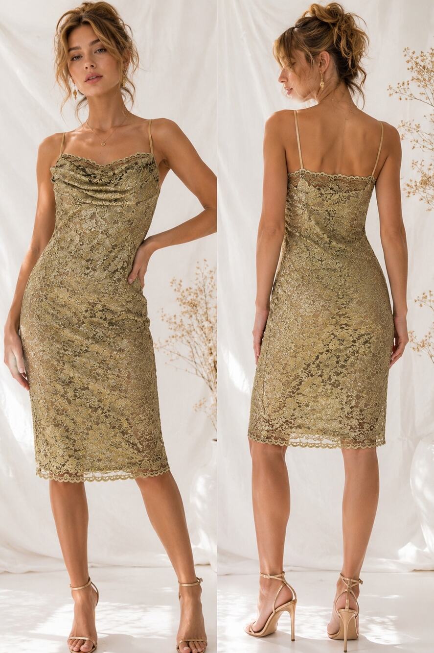 Vtg Gold Lace Cowl Neck Glam Slip Dress Womens Size 10 Romantic Fairy Coquette